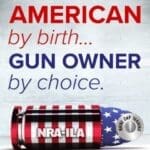 A poster with an american flag and gun.