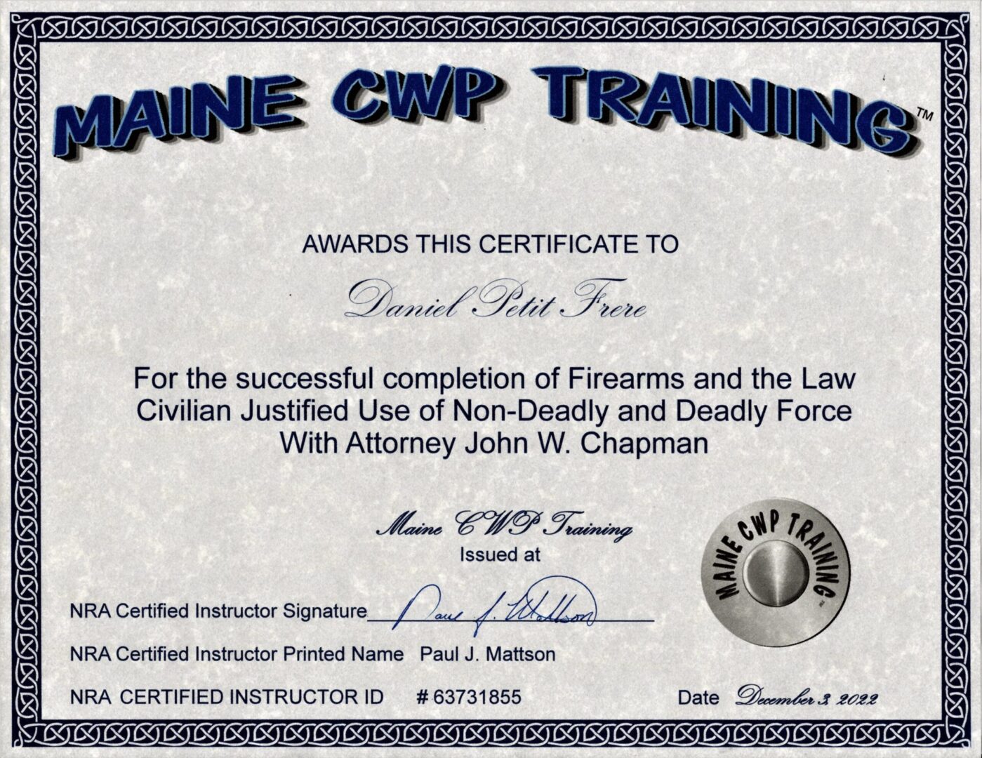 A certificate of completion for the law civilian.