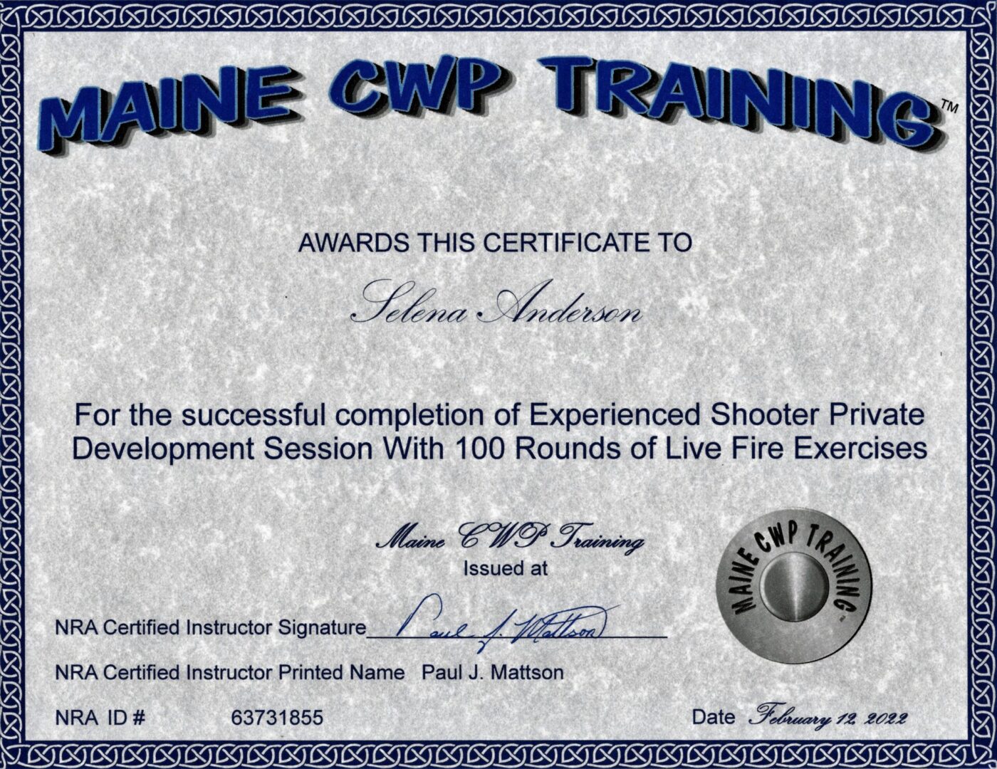 A certificate of completion for an experienced shooter.