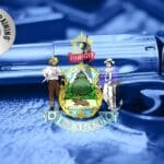 Delaware state emblem over a blurred background with a pen and a shiny object.